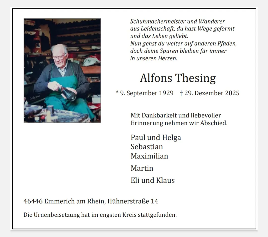 Traueranzeige für Alfons Thesing, Schuhmachermeister und Wanderer aus Leidenschaft — 9. September 1929 bis 29. Dezember 2025