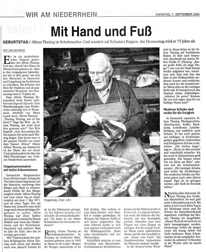 Zeitungsausschnitt: „Mit Hand und Fuß“ — Alfons Thesing wird 75
